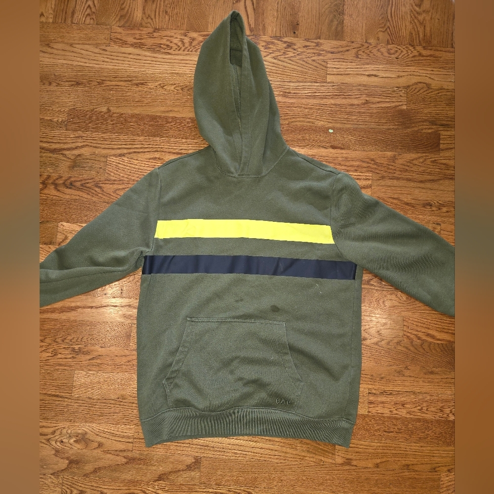 Gap Green Hoodie with Yellow and Black Stripes